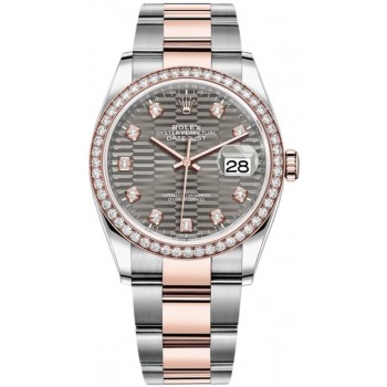 Réplique Rolex Datejust 36 Acier &amp; Montre pour femme Everose Gold Slate avec cadran cannelé et lunette en diamant M126281RBR-0030