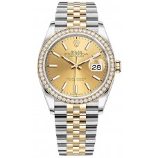 Réplique Rolex Datejust 36 Or Jaune &amp; Montre pour femme avec cadran champagne et diamants M126283RBR-0001