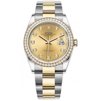 Réplique Rolex Datejust 36 Or Jaune &amp; Montre pour femme avec cadran diamant champagne et diamants M126283RBR-0004