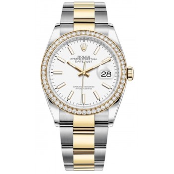 Réplique Rolex Datejust 36 Or Jaune &amp; Montre pour femme avec cadran blanc et diamants M126283RBR-0006