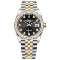 Réplique Rolex Datejust 36 Or Jaune &amp; Montre pour femme avec cadran en diamant noir et diamants M126283rbr-0007