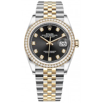 Réplique Rolex Datejust 36 Or Jaune &amp; Montre pour femme avec cadran en diamant noir et diamants M126283rbr-0007