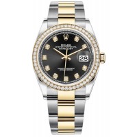 Réplique Rolex Datejust 36 Or Jaune &amp; Montre pour femme avec cadran en diamant noir et diamants M126283RBR-0008