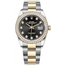 Réplique Rolex Datejust 36 Or Jaune &amp; Montre pour femme avec cadran en diamant noir et diamants M126283RBR-0008