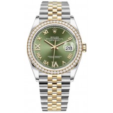 Réplique Rolex Datejust 36 Or Jaune &amp; Montre pour femme avec cadran romain pavé de diamants vert olive M126283RBR-0011