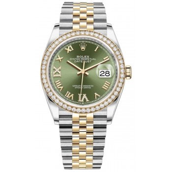 Réplique Rolex Datejust 36 Or Jaune &amp; Montre pour femme avec cadran romain pavé de diamants vert olive M126283RBR-0011