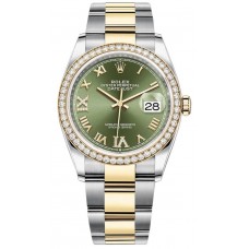 Réplique Rolex Datejust 36 Or Jaune &amp; Montre pour femme avec cadran romain pavé vert olive et diamants M126283RBR-0012