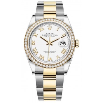 Réplique Rolex Datejust 36 Or Jaune &amp; Montre pour femme avec cadran romain blanc et diamants M126283RBR-0016