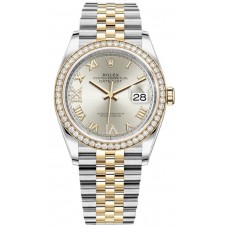 Réplique Rolex Datejust 36 Or Jaune &amp; Montre pour femme avec cadran romain et diamants argentés pavés de diamants M126283RBR-0017