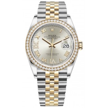 Réplique Rolex Datejust 36 Or Jaune &amp; Montre pour femme avec cadran romain et diamants argentés pavés de diamants M126283RBR-0017