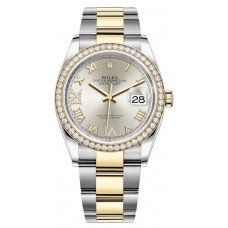 Réplique Rolex Datejust 36 Or Jaune &amp; Montre pour femme avec cadran romain pavé d'argent et diamants M126283RBR-0018