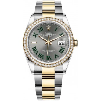 Réplique Rolex Datejust 36 Or Jaune &amp; Montre pour femme avec cadran romain Diamonds Slate Wimbledon M126283RBR-0022