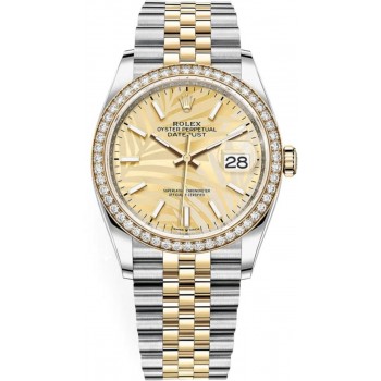 Réplique Rolex Datejust 36 Or Jaune &amp; Montre pour femme avec cadran à motif palmier doré et diamants M126283RBR-0023