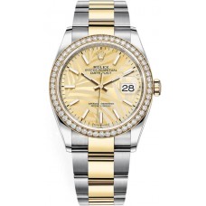 Réplique Rolex Datejust 36 Or Jaune &amp; Montre pour femme avec cadran à motif palmier doré et diamants M126283RBR-0024