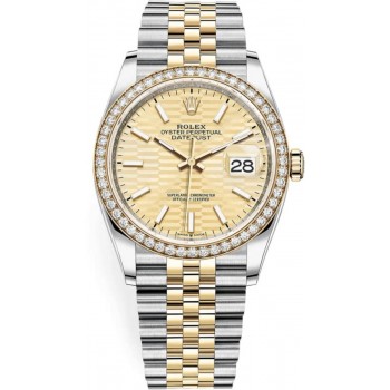 Réplique Rolex Datejust 36 Or Jaune &amp; Montre pour femme avec cadran cannelé doré et diamants M126283RBR-0025