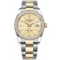 Réplique Rolex Datejust 36 Or Jaune &amp; Montre pour femme avec cadran cannelé doré et diamants M126283RBR-0026