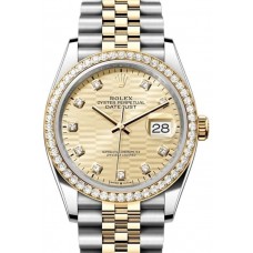 Réplique Rolex Datejust 36 Or Jaune &amp; Montre pour femme avec cadran en diamant à motif cannelé doré et diamants M126283RBR-0031