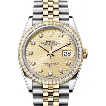 Réplique Rolex Datejust 36 Or Jaune &amp; Montre pour femme avec cadran en diamant à motif cannelé doré et diamants M126283RBR-0031