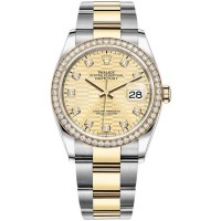 Réplique Rolex Datejust 36 Or Jaune &amp; Montre pour femme avec cadran en diamant à motif cannelé doré et diamants M126283RBR-0032