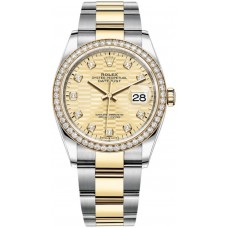 Réplique Rolex Datejust 36 Or Jaune &amp; Montre pour femme avec cadran en diamant à motif cannelé doré et diamants M126283RBR-0032