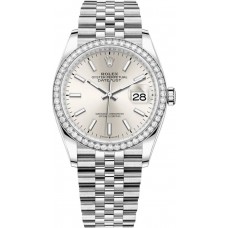 Réplique Rolex Datejust 36 Or Blanc &amp; Montre pour femme avec cadran argenté et diamants M126284RBR-0005