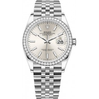 Réplique Rolex Datejust 36 Or Blanc &amp; Montre pour femme avec cadran argenté et diamants M126284RBR-0005