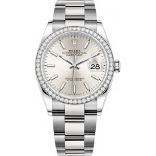 Réplique Rolex Datejust 36 Or Blanc &amp; Montre pour femme avec cadran argenté et diamants M126284RBR-0006