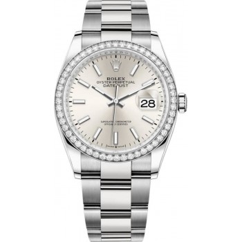 Réplique Rolex Datejust 36 Or Blanc &amp; Montre pour femme avec cadran argenté et diamants M126284RBR-0006