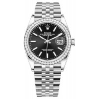 Réplique Rolex Datejust 36 Or Blanc &amp; Montre pour femme avec cadran noir et diamants M126284RBR-0007