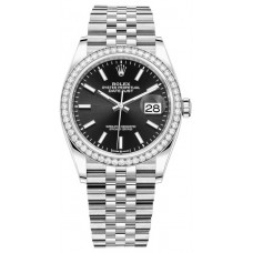 Réplique Rolex Datejust 36 Or Blanc &amp; Montre pour femme avec cadran noir et diamants M126284RBR-0007