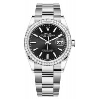 Réplique Rolex Datejust 36 Or Blanc &amp; Montre pour femme avec cadran noir et diamants M126284RBR-0008