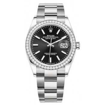 Réplique Rolex Datejust 36 Or Blanc &amp; Montre pour femme avec cadran noir et diamants M126284RBR-0008