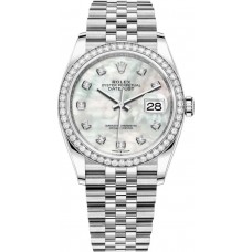 Réplique Rolex Datejust 36 Or Blanc &amp; Montre pour femme avec cadran diamant en nacre et diamants M126284RBR-0011