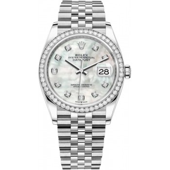 Réplique Rolex Datejust 36 Or Blanc &amp; Montre pour femme avec cadran diamant en nacre et diamants M126284RBR-0011