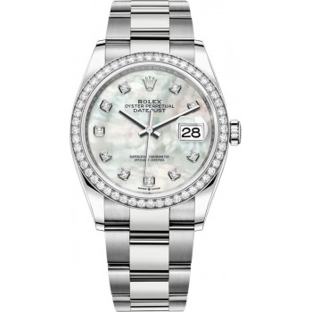 Réplique Rolex Datejust 36 Or Blanc &amp; Montre pour femme avec cadran diamant en nacre et diamants M126284RBR-0012