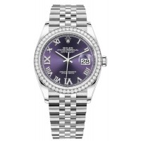 Réplique Rolex Datejust 36 Or Blanc &amp; Montre pour femme avec cadran romain pavé d'aubergine et diamants M126284RBR-0013