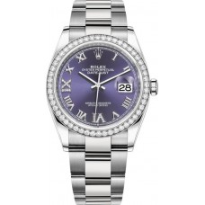 Réplique Rolex Datejust 36 Or Blanc &amp; Montre pour femme avec cadran romain pavé d'aubergine et diamants M126284RBR-0014