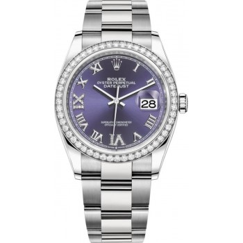 Réplique Rolex Datejust 36 Or Blanc &amp; Montre pour femme avec cadran romain pavé d'aubergine et diamants M126284RBR-0014