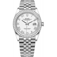 Réplique Rolex Datejust 36 Or Blanc &amp; Montre pour femme avec cadran romain blanc et diamants M126284RBR-0017