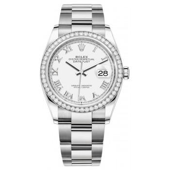 Réplique Rolex Datejust 36 Or Blanc &amp; Montre pour femme avec cadran romain blanc et diamants M126284RBR-0018