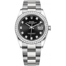 Réplique Rolex Datejust 36 Or Blanc &amp; Montre pour femme avec cadran en diamant noir et diamants M126284RBR-0020