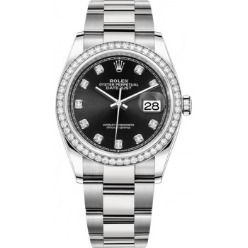 Réplique Rolex Datejust 36 Or Blanc &amp; Montre pour femme avec cadran en diamant noir et diamants M126284RBR-0020