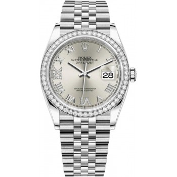 Réplique Rolex Datejust 36 Or Blanc &amp; Montre pour femme avec cadran romain pavé d'argent et diamants M126284RBR-0021