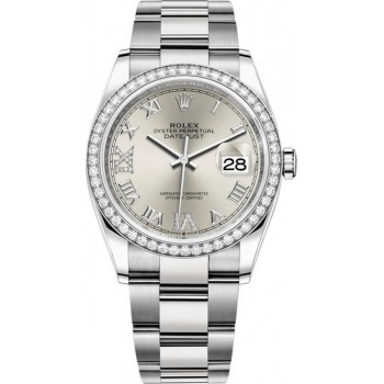 Réplique Rolex Datejust 36 Or Blanc &amp; Montre pour femme avec cadran romain pavé d'argent et diamants M126284RBR-0022