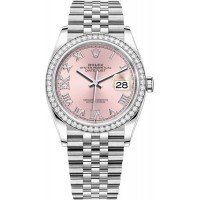 Réplique Rolex Datejust 36 Or Blanc &amp; Montre pour femme avec cadran romain pavé de diamants roses M126284RBR-0023