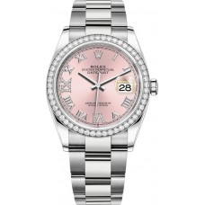 Réplique Rolex Datejust 36 Or Blanc &amp; Montre pour femme avec cadran romain pavé de diamants roses M126284RBR-0024