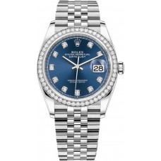 Réplique Rolex Datejust 36 Or Blanc &amp; Montre pour femme avec cadran en diamant bleu et diamants M126284RBR-0029