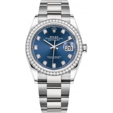 Réplique Rolex Datejust 36 Or Blanc &amp; Montre pour femme avec cadran en diamant bleu et diamants M126284RBR-0030