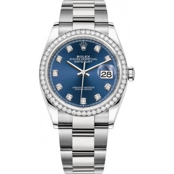 Réplique Rolex Datejust 36 Or Blanc &amp; Montre pour femme avec cadran en diamant bleu et diamants M126284RBR-0030