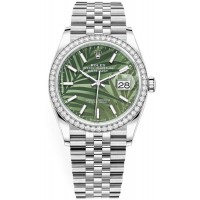 Réplique Rolex Datejust 36 Or Blanc &amp; Montre pour femme avec cadran à motif palmier vert olive et diamants M126284RBR-0039